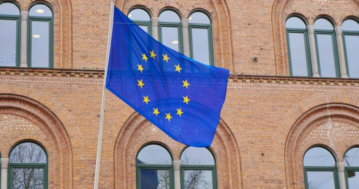 a european flag flying in front of a brick building