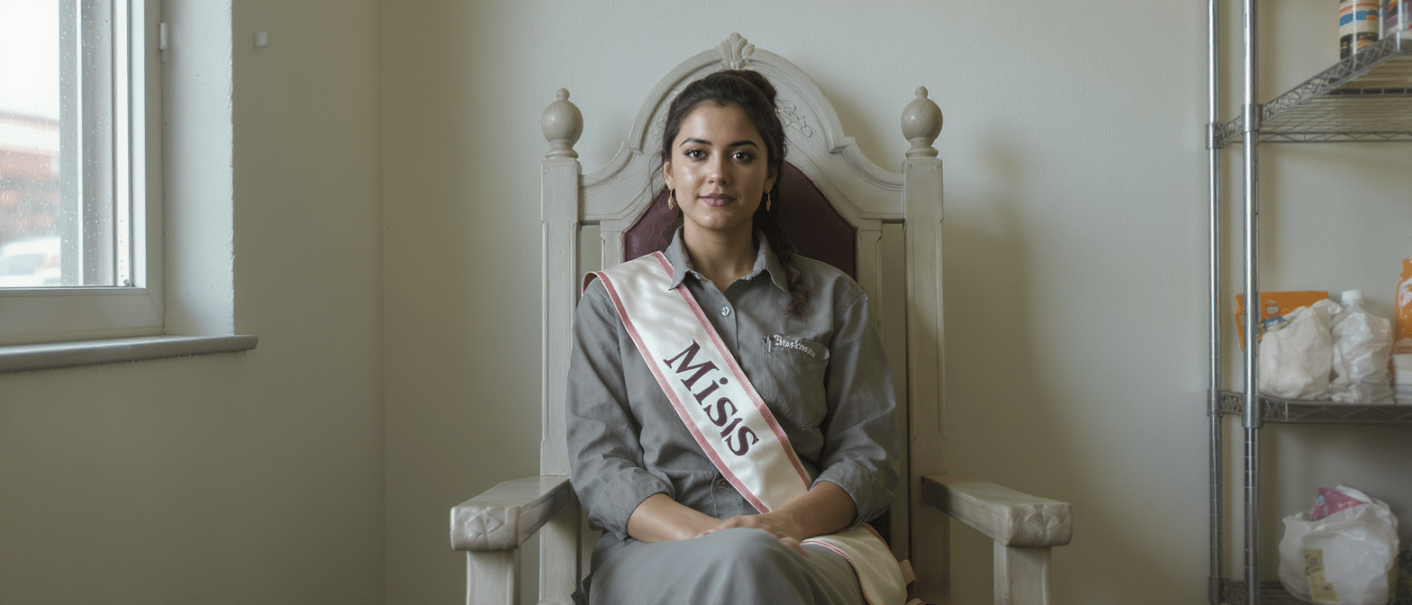 découvrez le départ princier de muriel, employée d'hypermarché, qui s'installe sur le trône avec une écharpe de miss autour des épaules, pour une célébration pleine d'émotion et d'élégance.