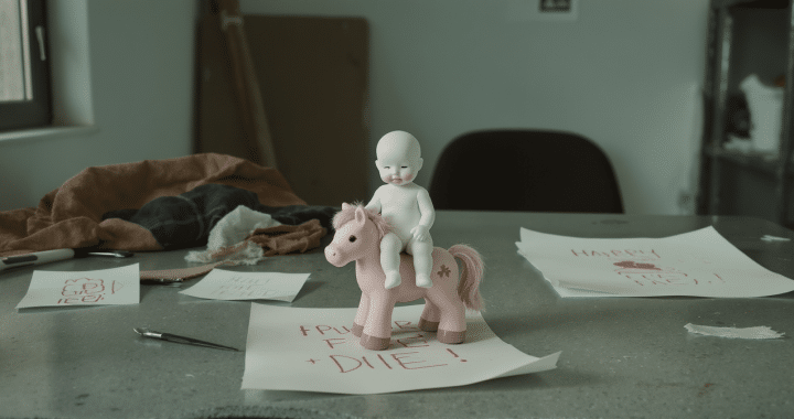 découvrez le pot de départ inattendu de marine, ouvrière dans le btp, avec une poupée sur un poney et des dessins audacieux qui ont surpris ses collègues.